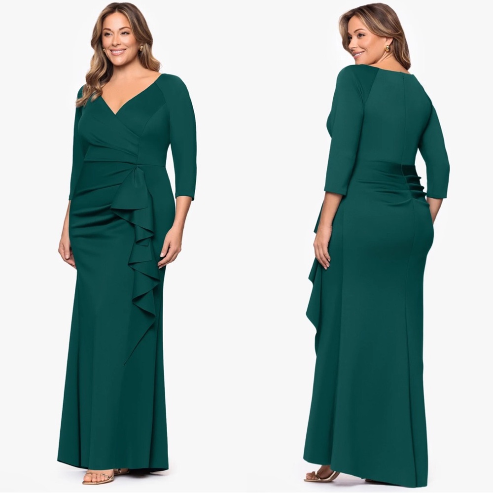 Xcape Emerald Green Faux Wrap Maxi Gown Ruched Side Cascade Ruffle Womens 16W